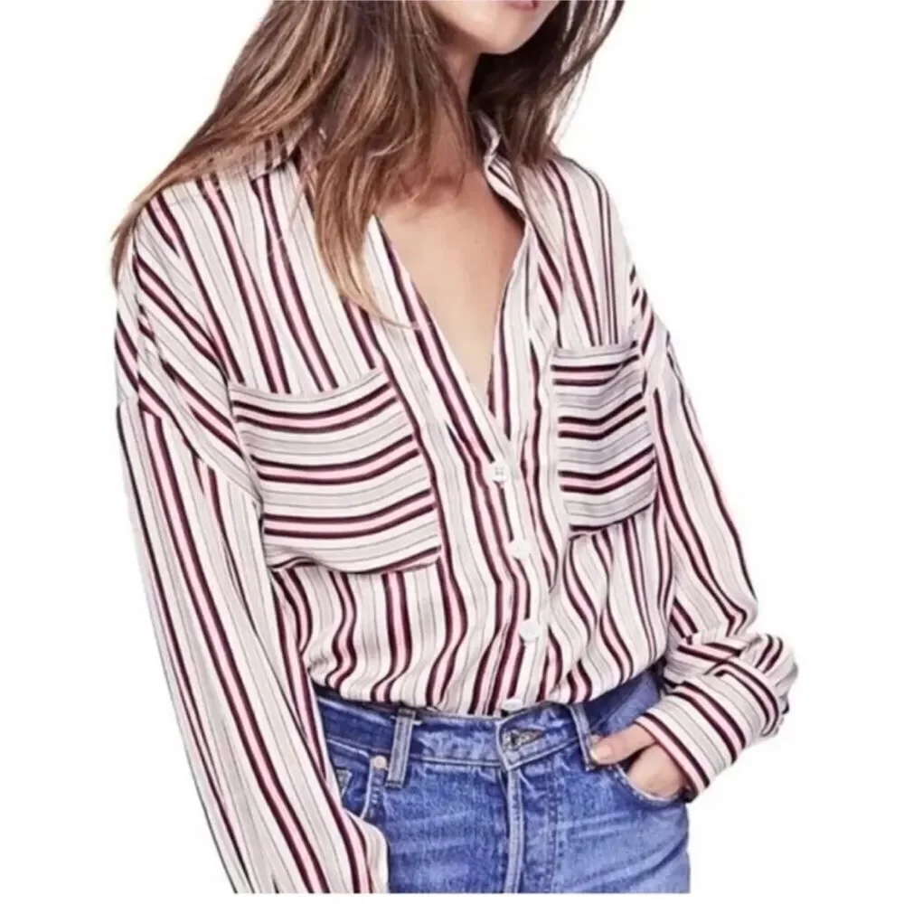 FREE PEOPLE | NEW Striped Button Front Double Pocket Long Sleeve Top Women’s M